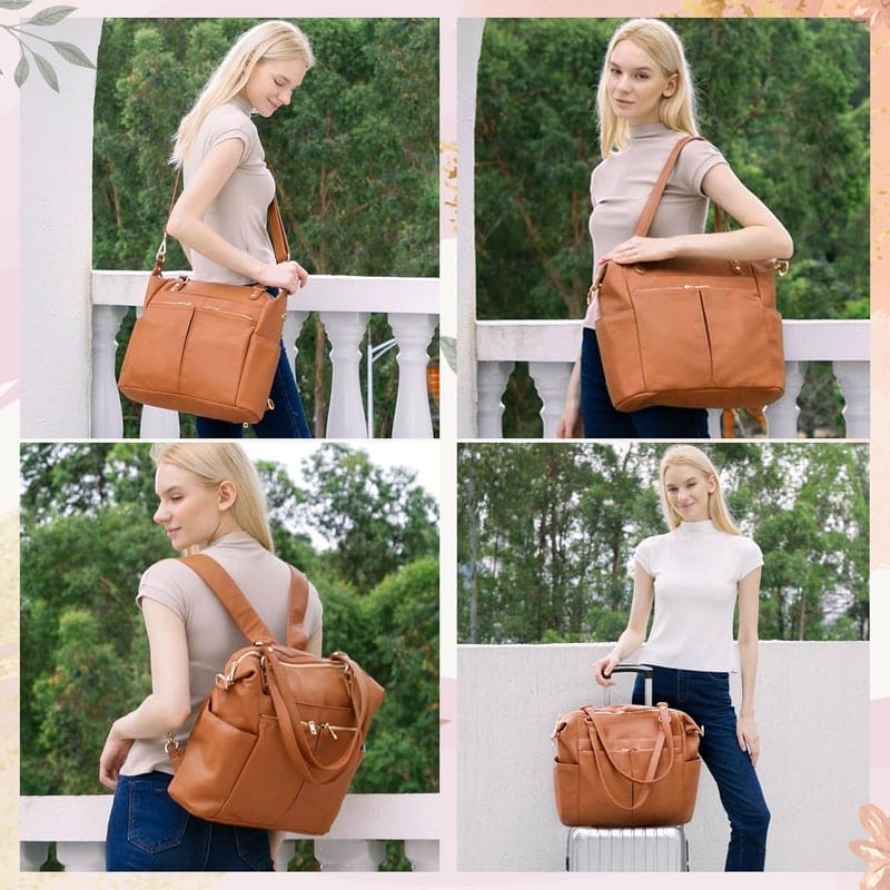 Convertible Leather Diaper Bag with Changing Pad