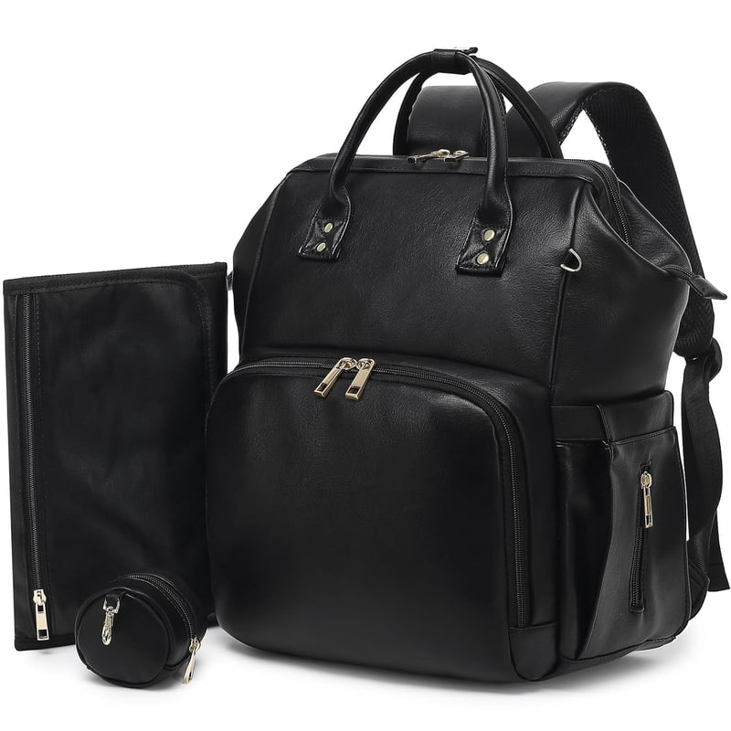 Vegan Leather Diaper Backpack with Changing Pad & Stroller Straps