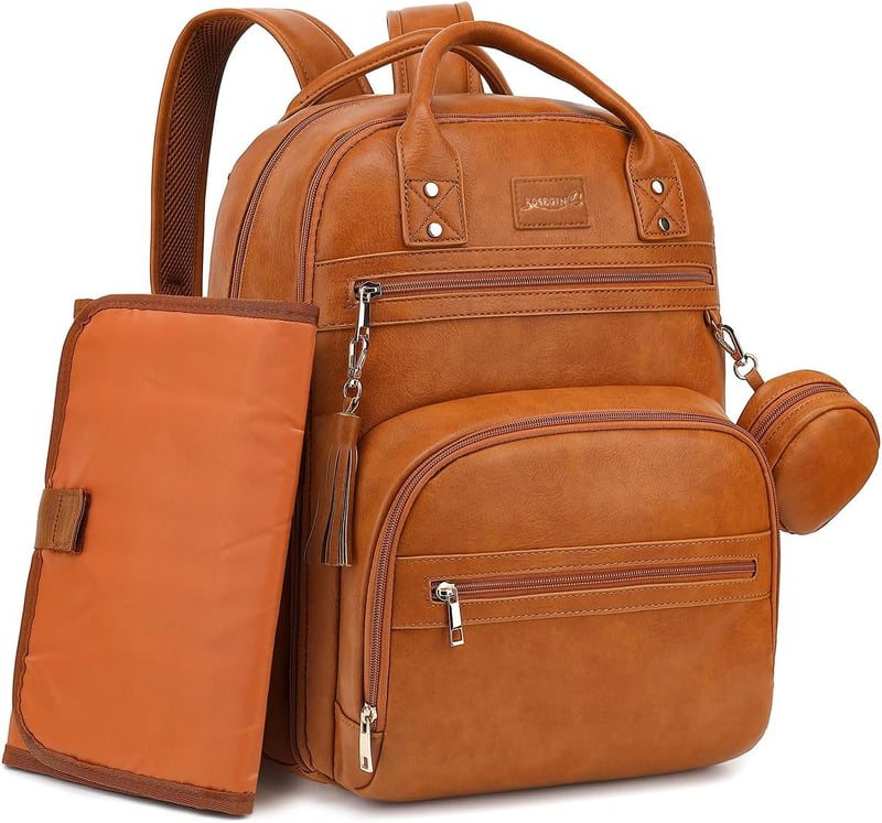 Vegan Leather Diaper Backpack with Changing Pad for Moms, Brown