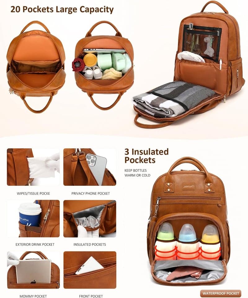 Vegan Leather Diaper Backpack with Changing Pad for Moms, Brown