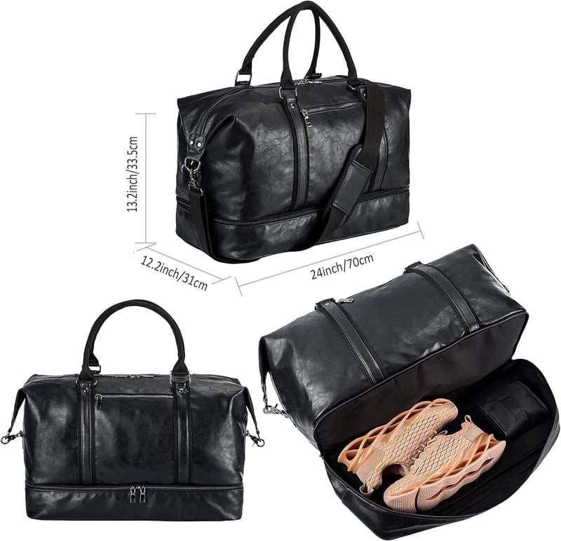 Leather Weekender Duffel Bag with Shoe Pouch, Waterproof Carry-On