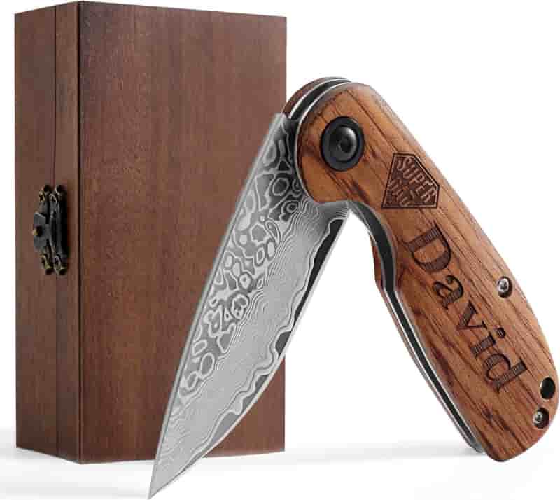 Father’s Day Damascus Pocket Knife, Custom Engraved