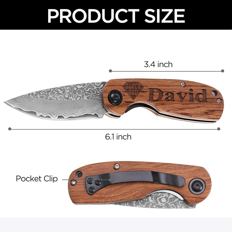 Father’s Day Damascus Pocket Knife, Custom Engraved