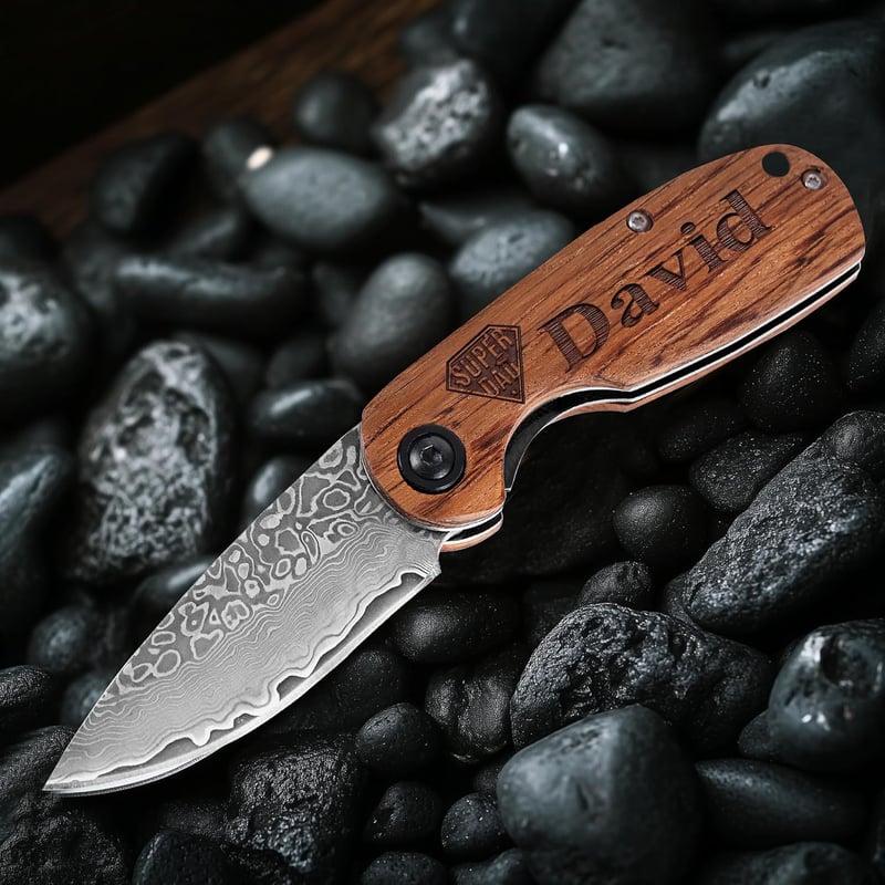 Father’s Day Damascus Pocket Knife, Custom Engraved