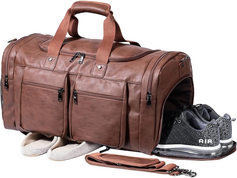 Weekender Leather Travel Duffel with Shoe Pouch – Brown