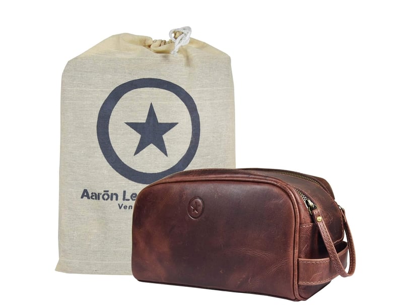 Premium Leather Toiletry Bag with Waterproof Lining, Dark Brown
