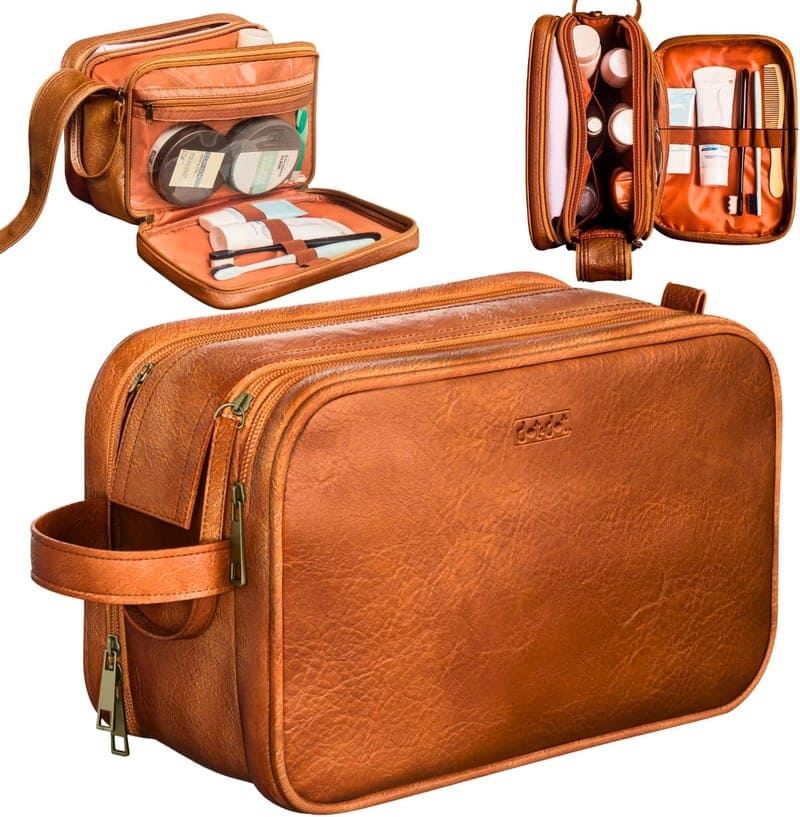 Unisex Leather Toiletry Bag – Large Travel Organizer, Brown