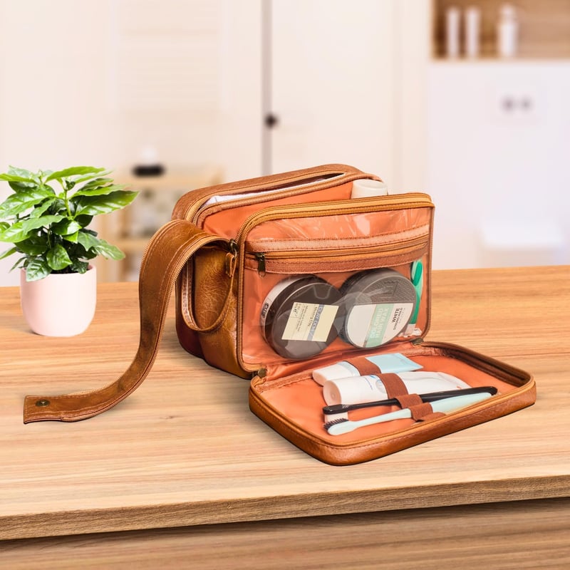 Unisex Leather Toiletry Bag – Large Travel Organizer, Brown