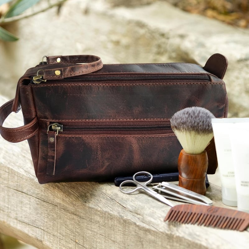 Vintage Buffalo Leather Toiletry Bag - Waterproof Travel Dopp Kit