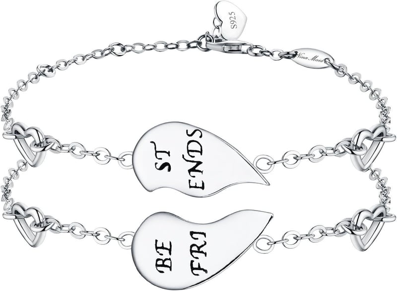Friendship Bracelets Set, 925 Sterling Silver Half Heart Design