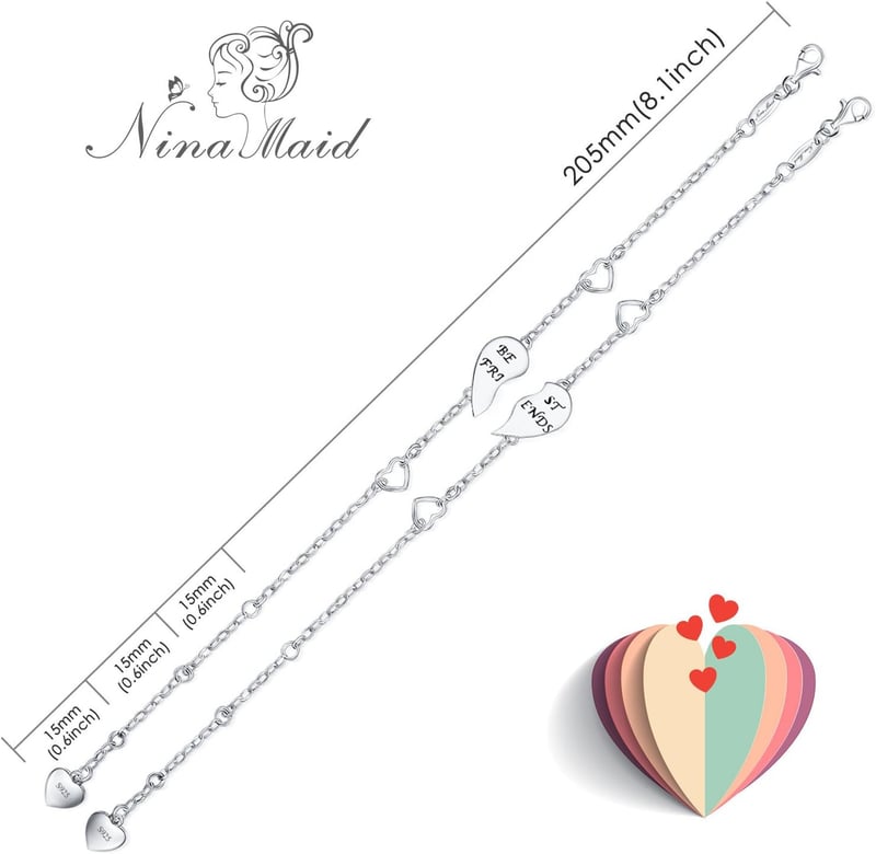 Friendship Bracelets Set, 925 Sterling Silver Half Heart Design