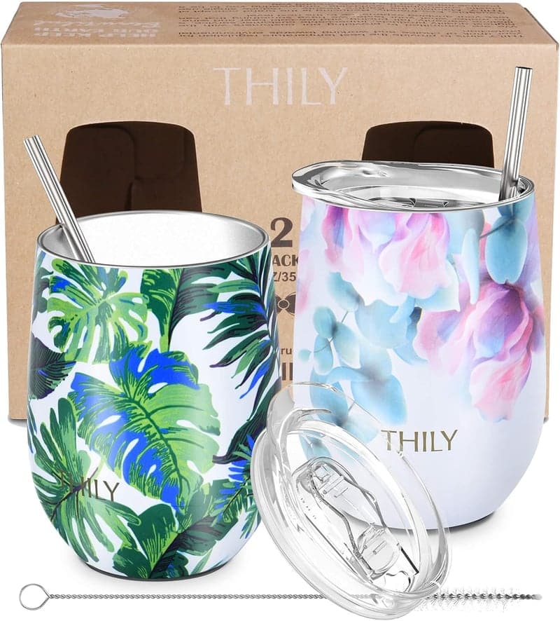 Christmas Gift Wine Tumblers, 12 oz Insulated, 2 Pack Floral Design