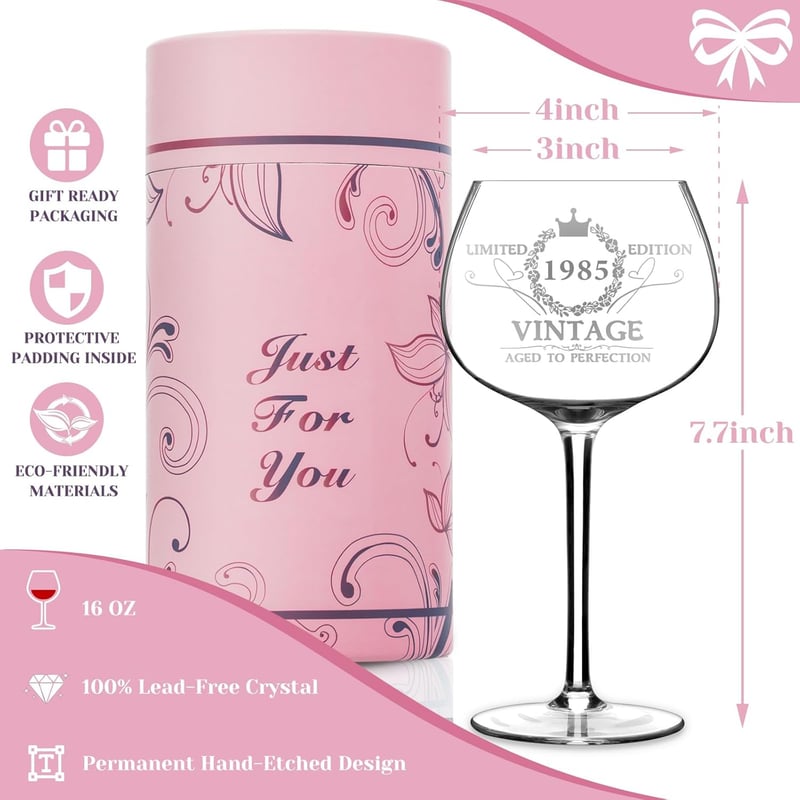 40th Birthday Vintage 1985 Wine Glass for Women