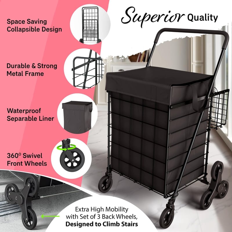 Shopping Cart with Waterproof Liner and Swivel Wheels