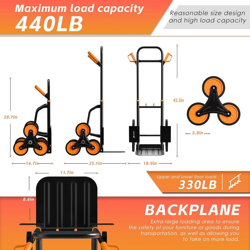 Heavy Duty Stair Climbing Hand Truck, 440lb Capacity