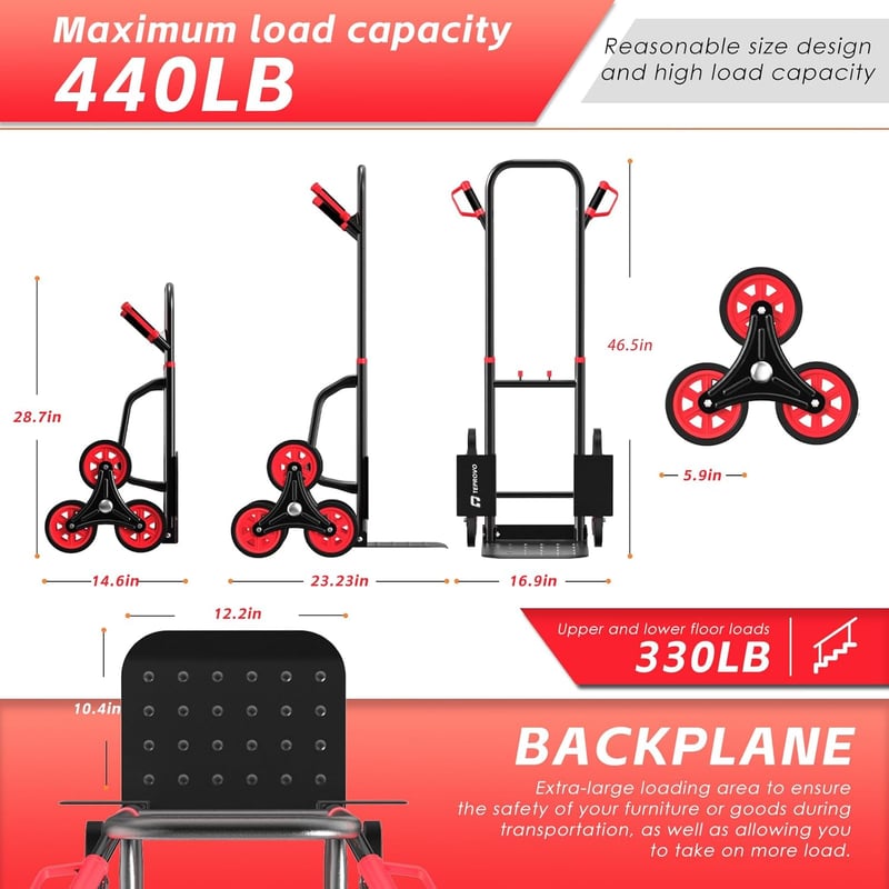 Stair Climbing Hand Truck, 440lb Capacity, Red TK1500-R