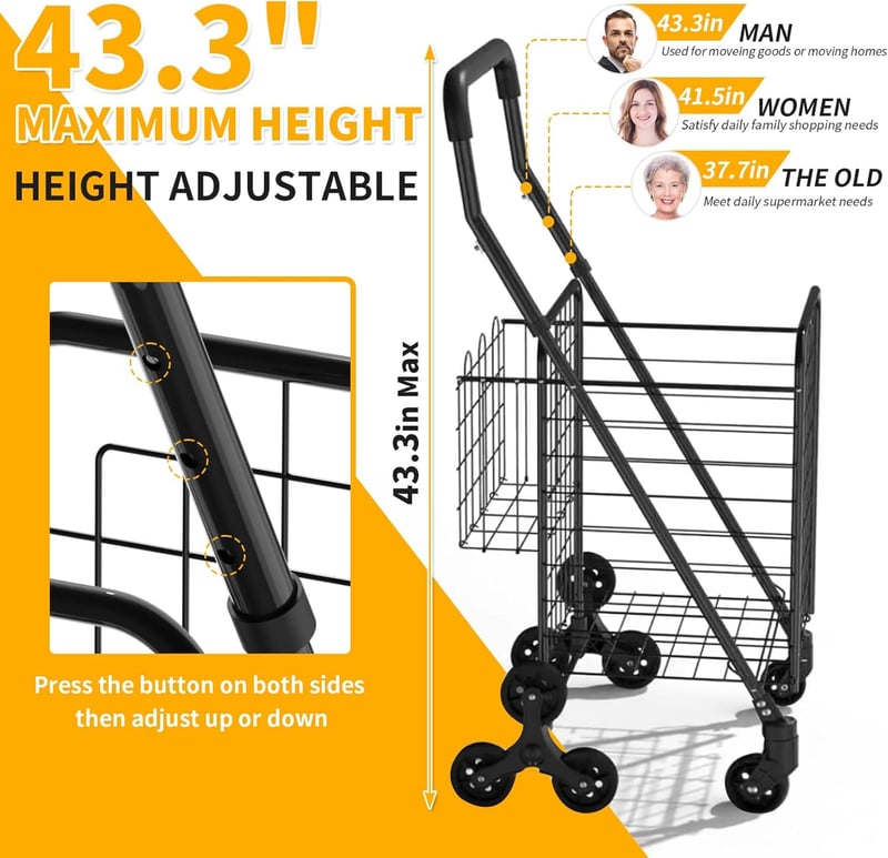 Utility Cart with 360° Tri-Wheels, 66lb Capacity - Black