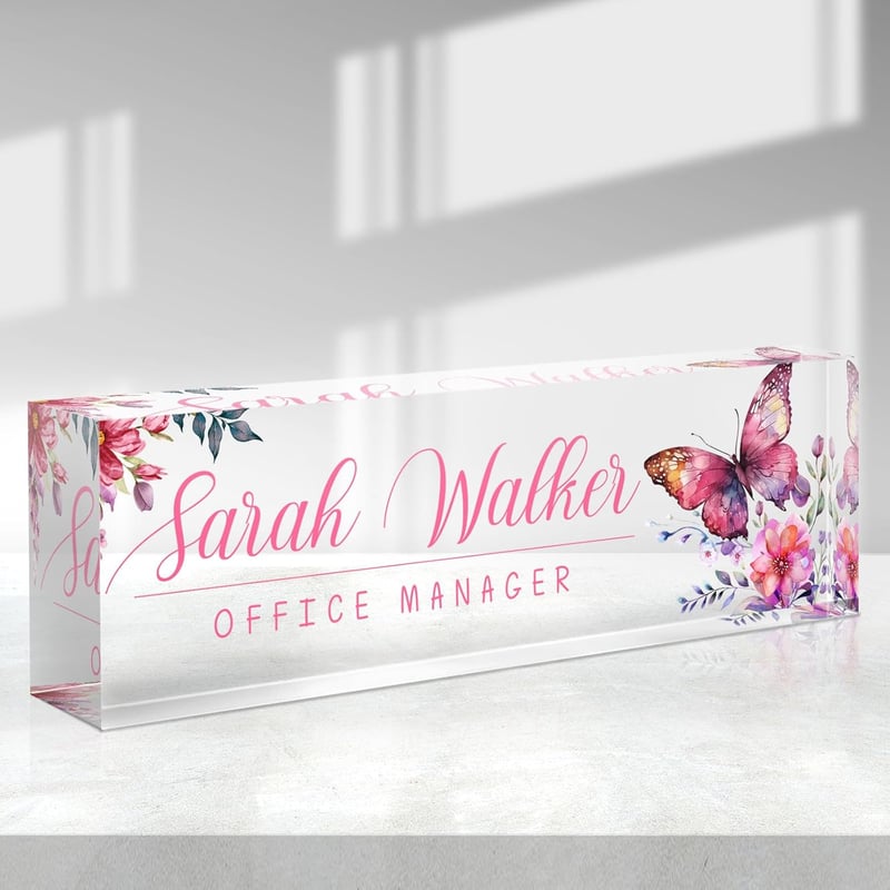 Custom Acrylic Desk Name Plate with Pink Butterfly Design