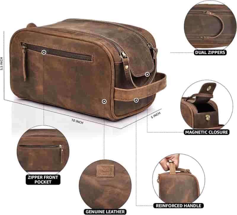 Leather Travel Toiletry Pouch, Waterproof Lining
