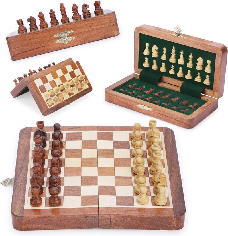 Magnetic Travel Chess Set - Handcrafted Acacia Wood, Foldable Board