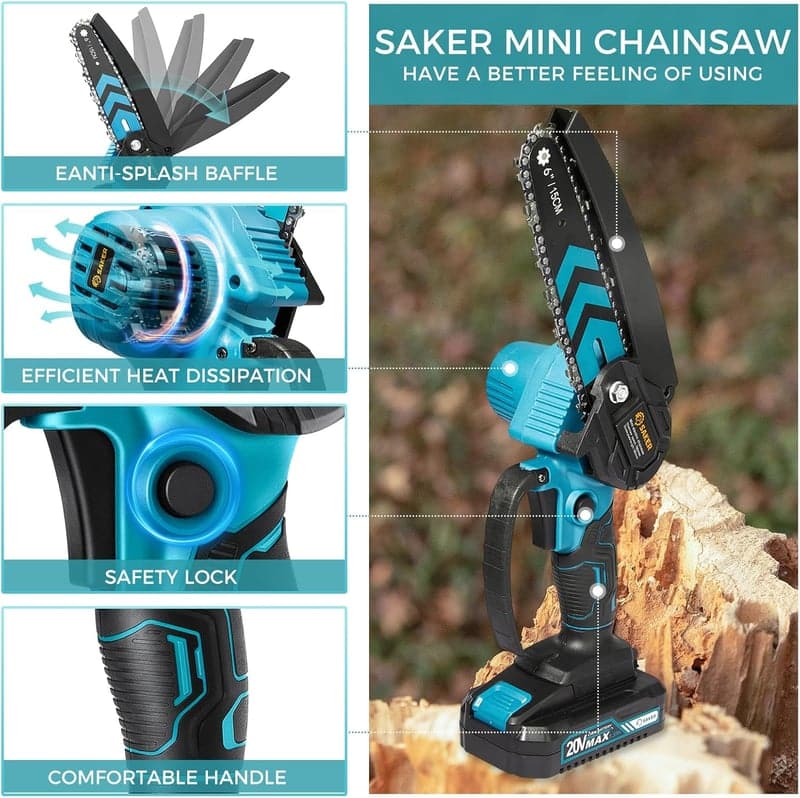 6-Inch Cordless Mini Chainsaw with Extra Batteries and Chains
