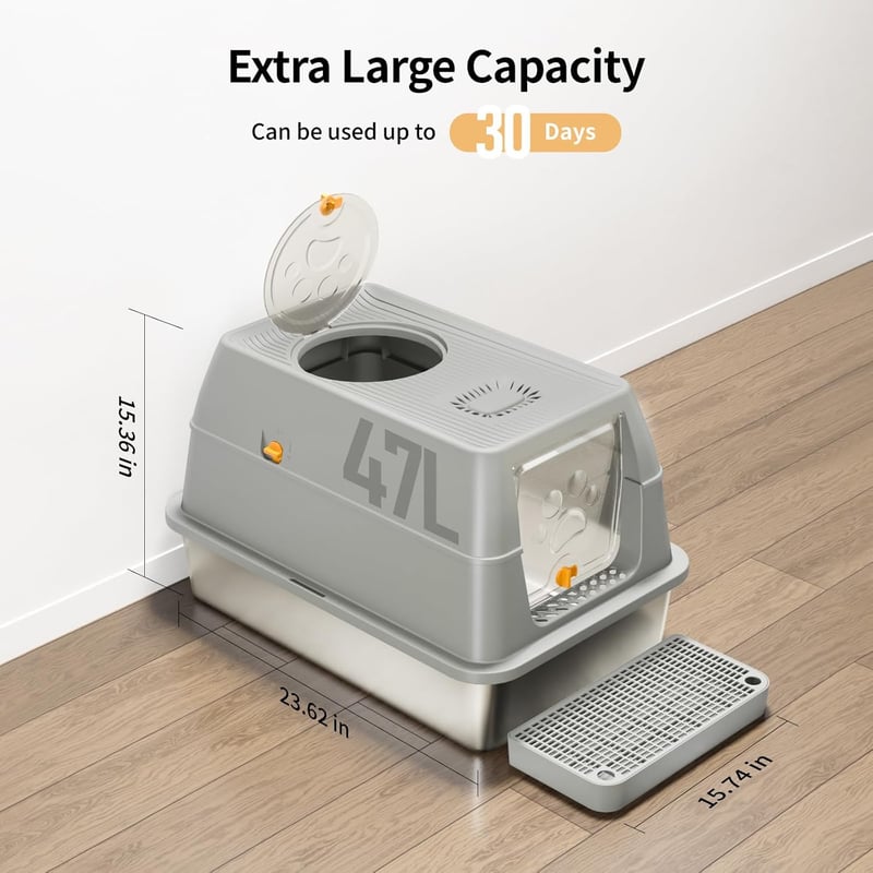 XL Enclosed Cat Litter Box, Carbon Filter, Grey