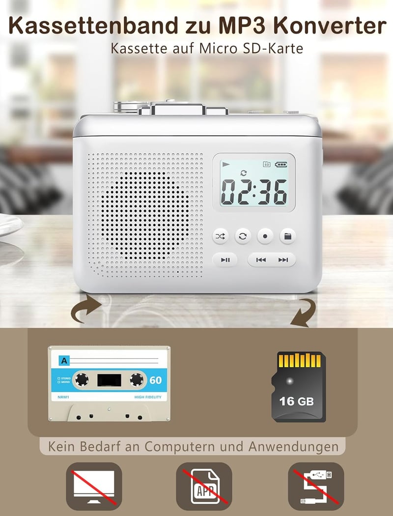 Cassette to MP3 Converter with 16GB SD & Rechargeable Battery