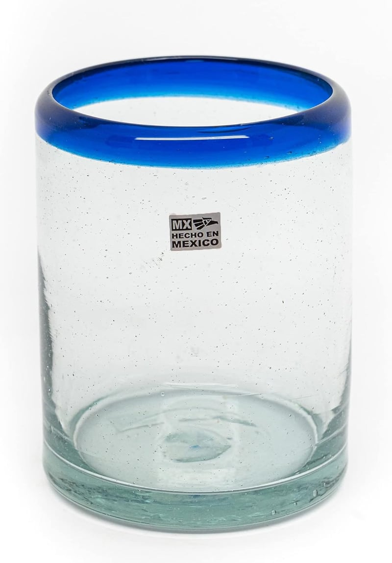 Handmade Mexican Cobalt Blue Rim Glass Tumblers, Set of 6 (10 oz)