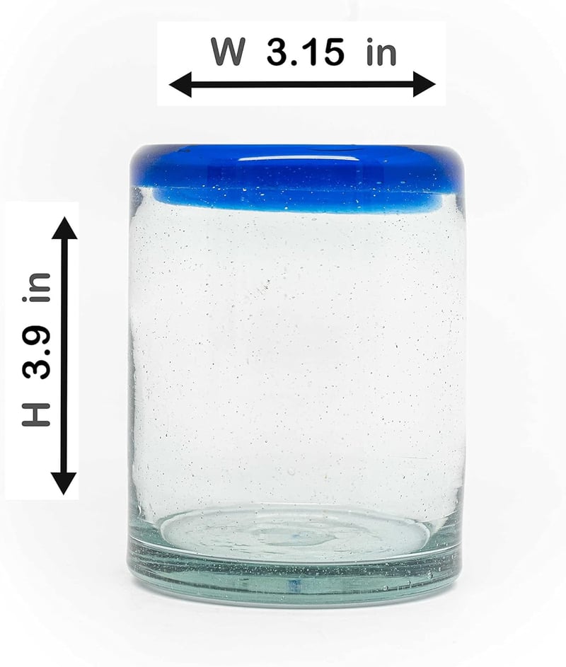 Handmade Mexican Cobalt Blue Rim Glass Tumblers, Set of 6 (10 oz)