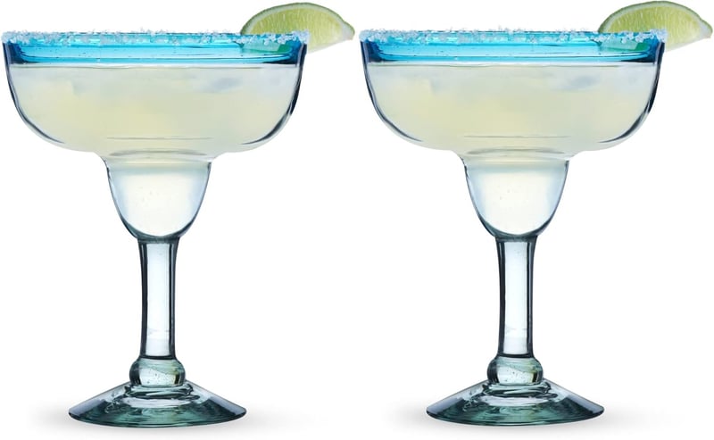 Handmade Recycled Glass Margarita Set – Blue Rim, 10oz, Pair