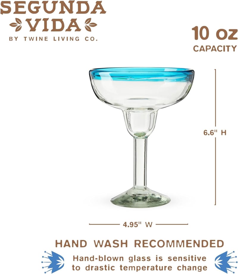 Handmade Recycled Glass Margarita Set – Blue Rim, 10oz, Pair