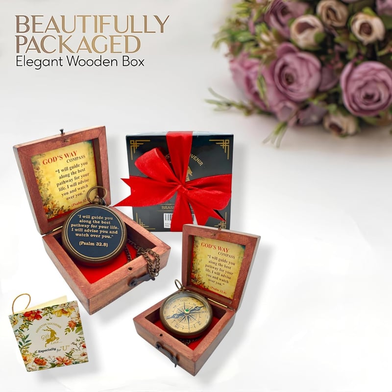 Baptism Brass Compass Gift Set with Card
