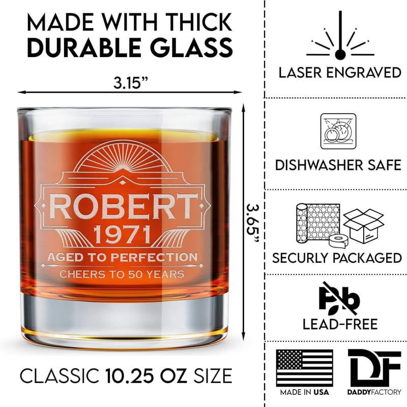 Birthday Whiskey Glass for Men, Engraved Monogram, 10.25 oz