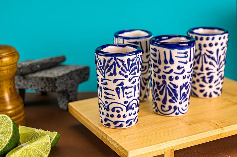 Talavera Mexican Tequila Shot Glasses, Blue Lace, 2 Oz