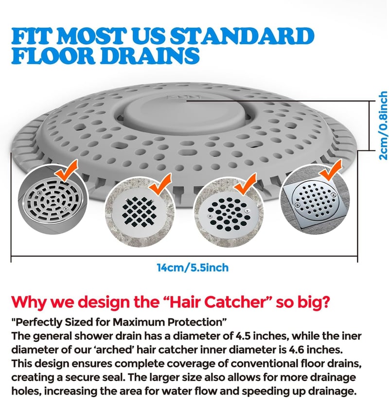 Shower Drain Hair Catcher, Gray Silicone Cover, 2 Pack