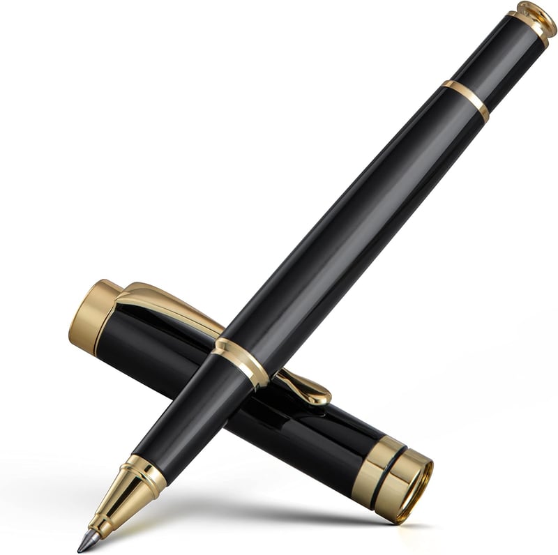 Black Chrome Ballpoint Pen Gift Set with Gold Trim, 0.5mm Refill