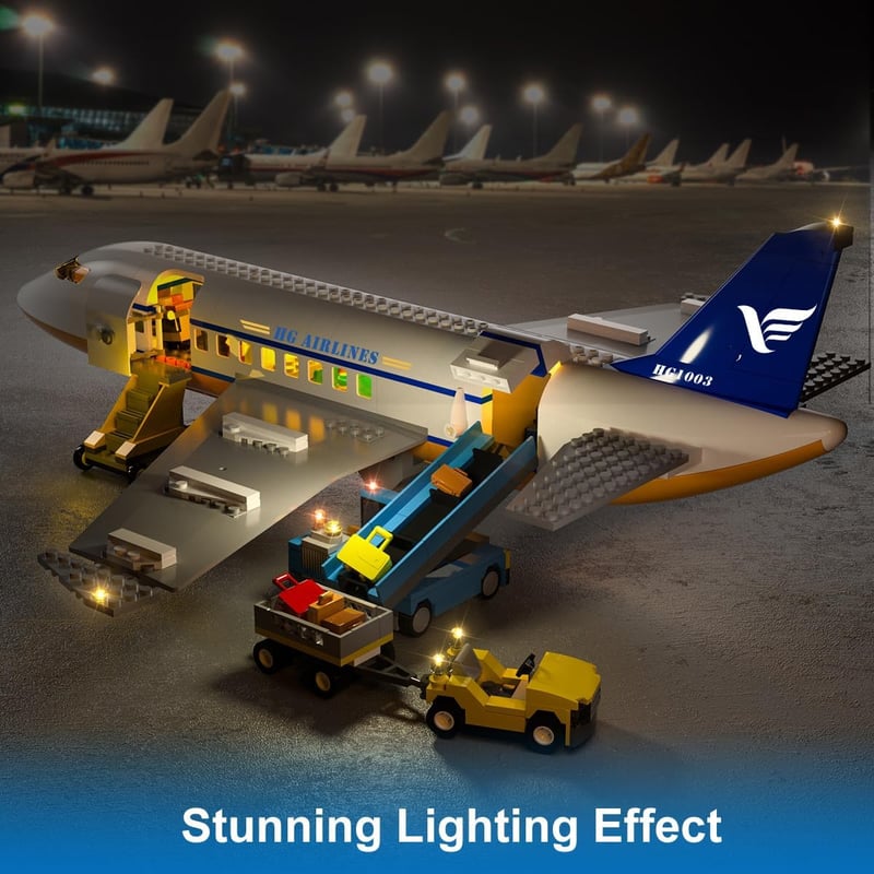 Birthday Airplane Building Set with LED Lights, 901 pcs