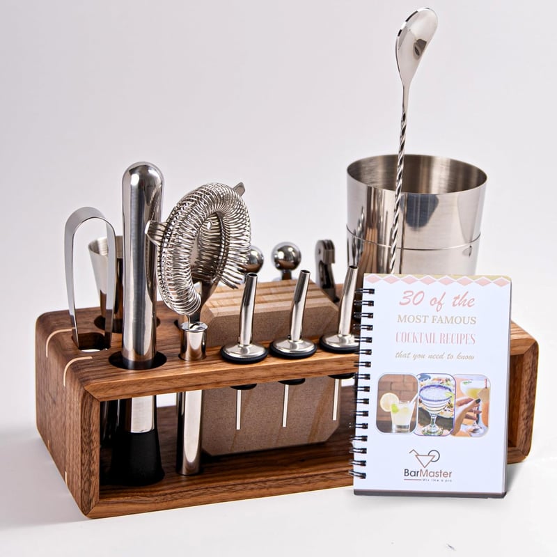 Bartender Mixology Kit with Walnut Stand & Recipe Book