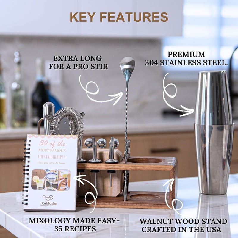 Bartender Mixology Kit with Walnut Stand & Recipe Book