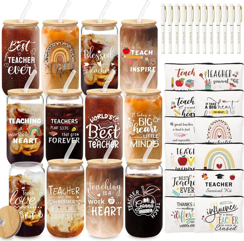 Teacher Appreciation Beer Can Glass Set – 16oz with Lids & Straws