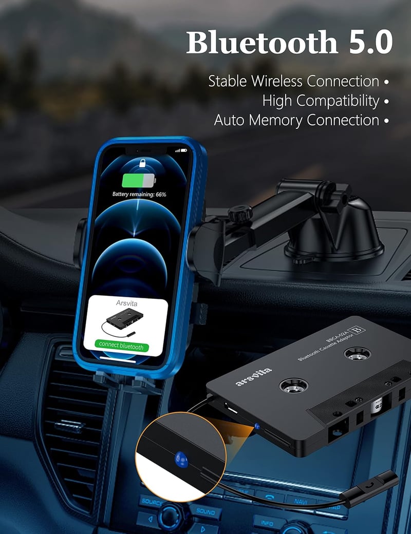 Bluetooth Cassette Aux Adapter for Cars, Hands-Free, Charcoal Black