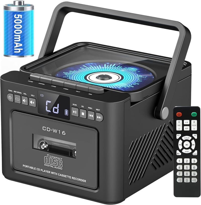 Bluetooth Boombox CD Cassette Player with FM, 5000mAh Battery