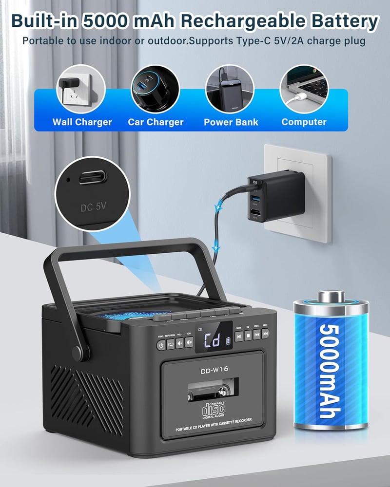 Bluetooth Boombox CD Cassette Player with FM, 5000mAh Battery
