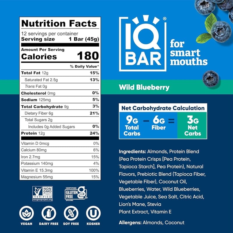 Wild Blueberry Vegan Protein Bars - Low Carb, Gluten-Free, 12-Pack