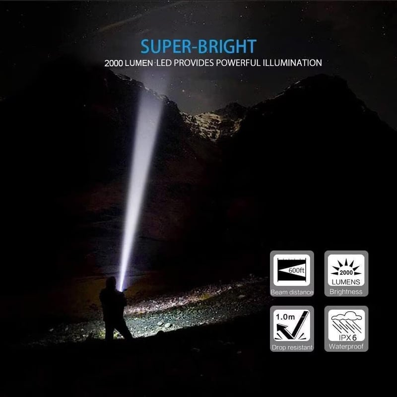 Rechargeable LED Tactical Flashlight, 2000lm, Waterproof, Zoomable