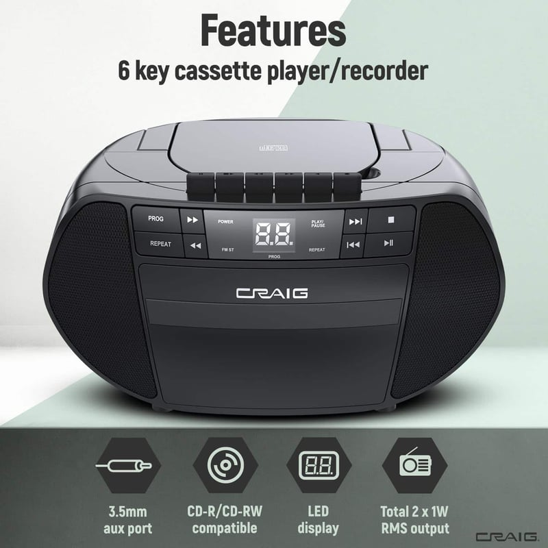 Portable Black CD Boombox with AM/FM Radio & Cassette Recorder