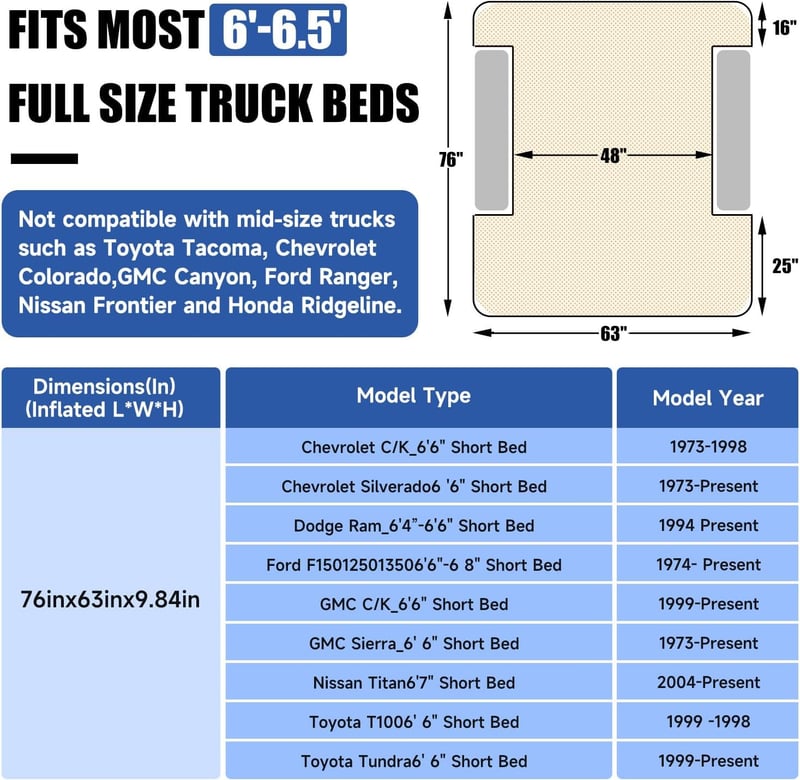 Truck Bed Air Mattress for 6ft Short Beds, Inflatable with Pump