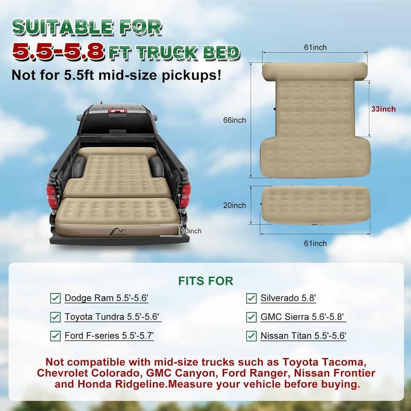 Truck Bed Air Mattress for Camping, Detachable & Inflatable