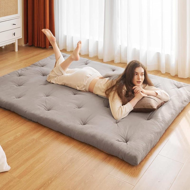 Queen Tatami Floor Futon, 100% Cotton, Foldable, Grey
