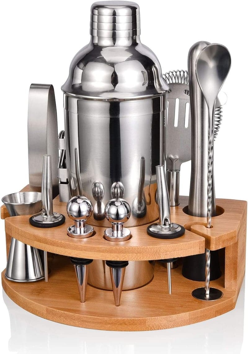Bar Tool Set with Bamboo Stand – 12-Piece Cocktail Kit Silver